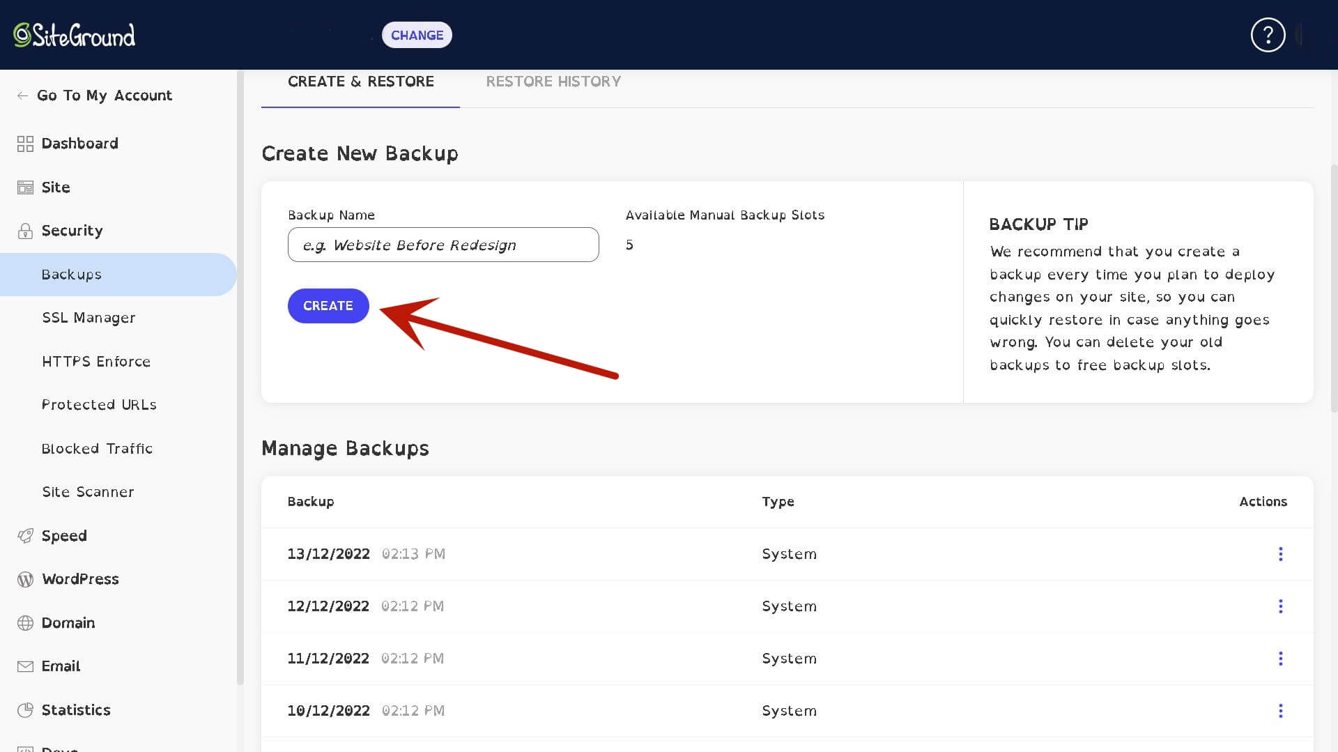 Siteground backup